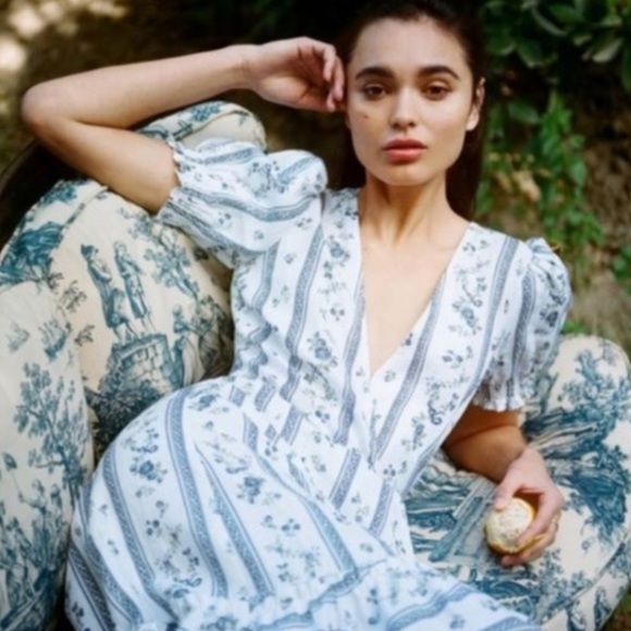 NWOT Reformation Veronika Wrap Dress Roquefort Print 100% Linen Sz 4 - Picture 2 of 8